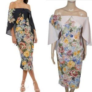 Pduch Floral Off Shoulder Midi Dress TAN cocktail wedding